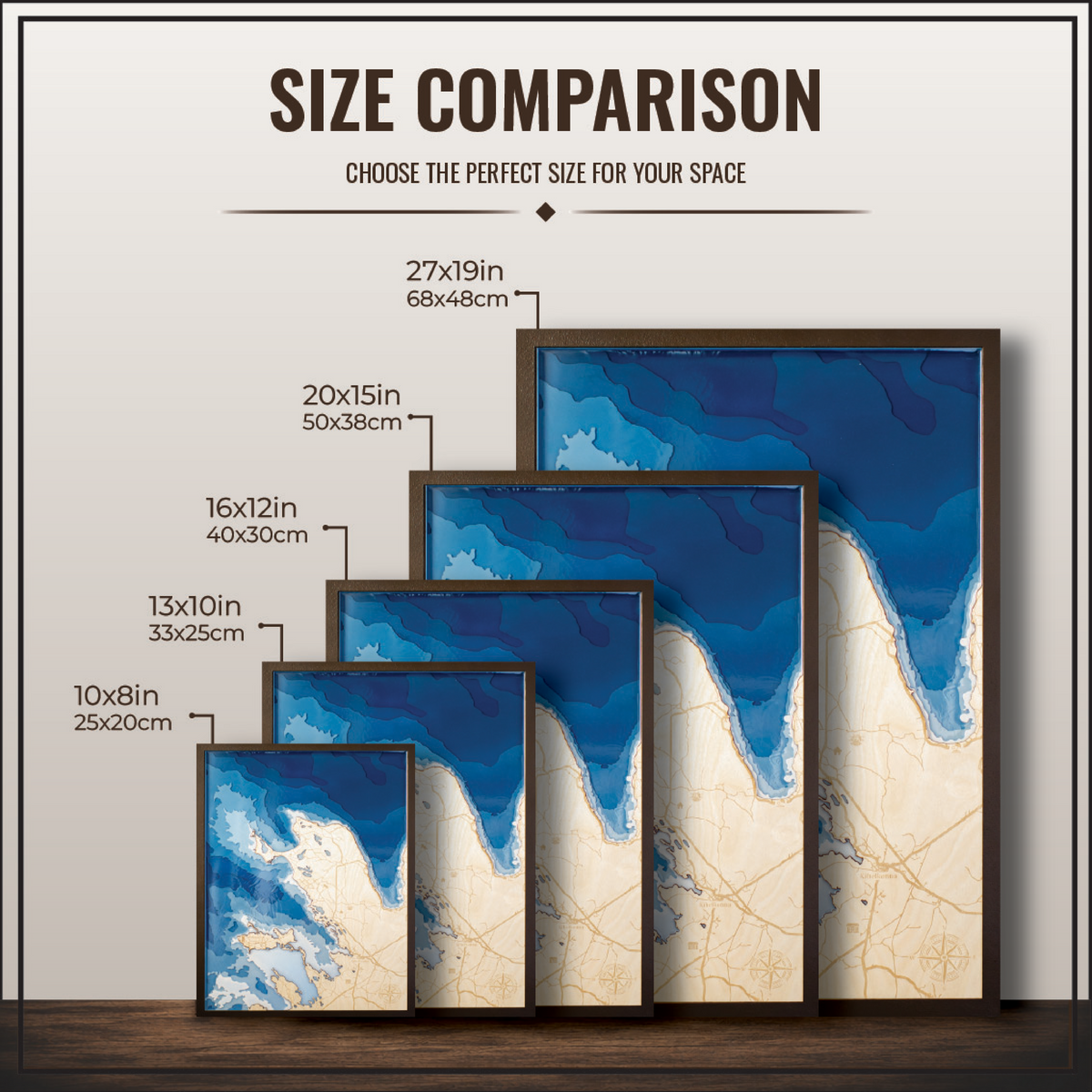 Size comparison of five custom wood map sizes from 10x8 inches (25x20cm) to 27x19 incehs (68x48cm). Request custom size.
