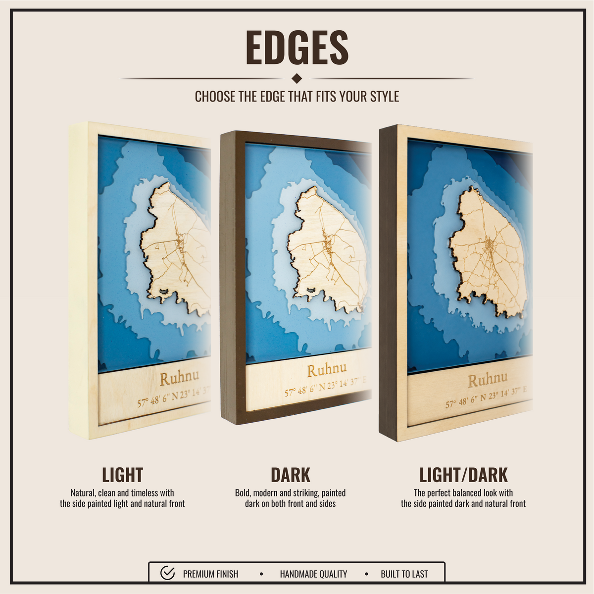 Comparison of edge options - light, dark or dark sides with natural front.