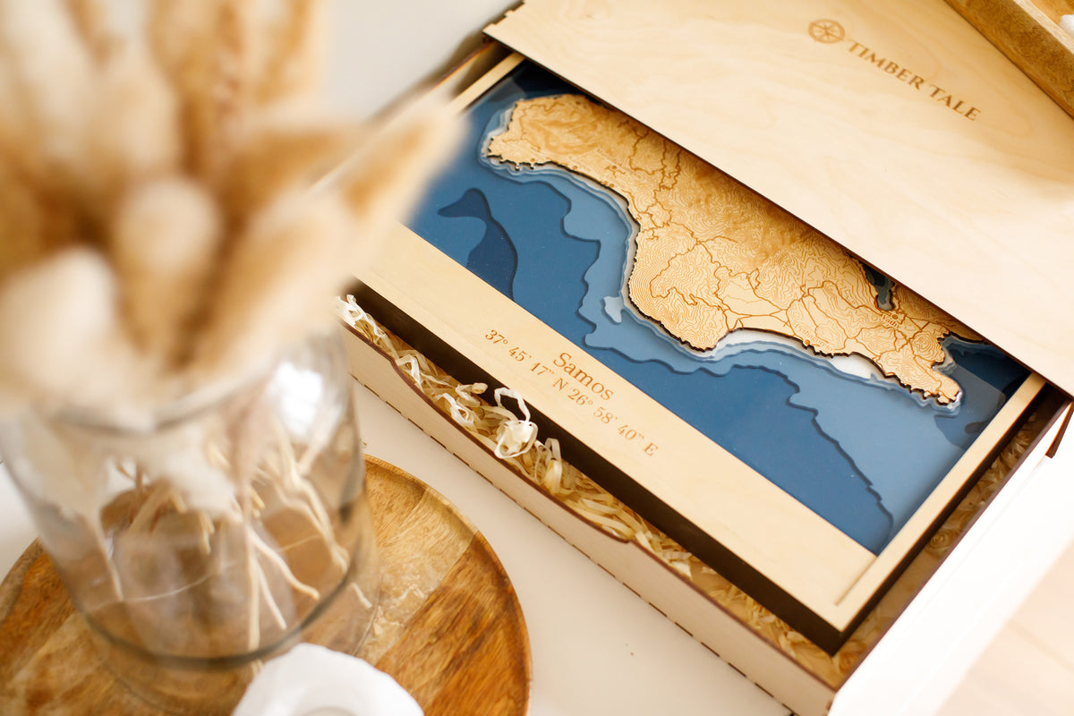 Boxed up custom topographic map of Samos, Greece.