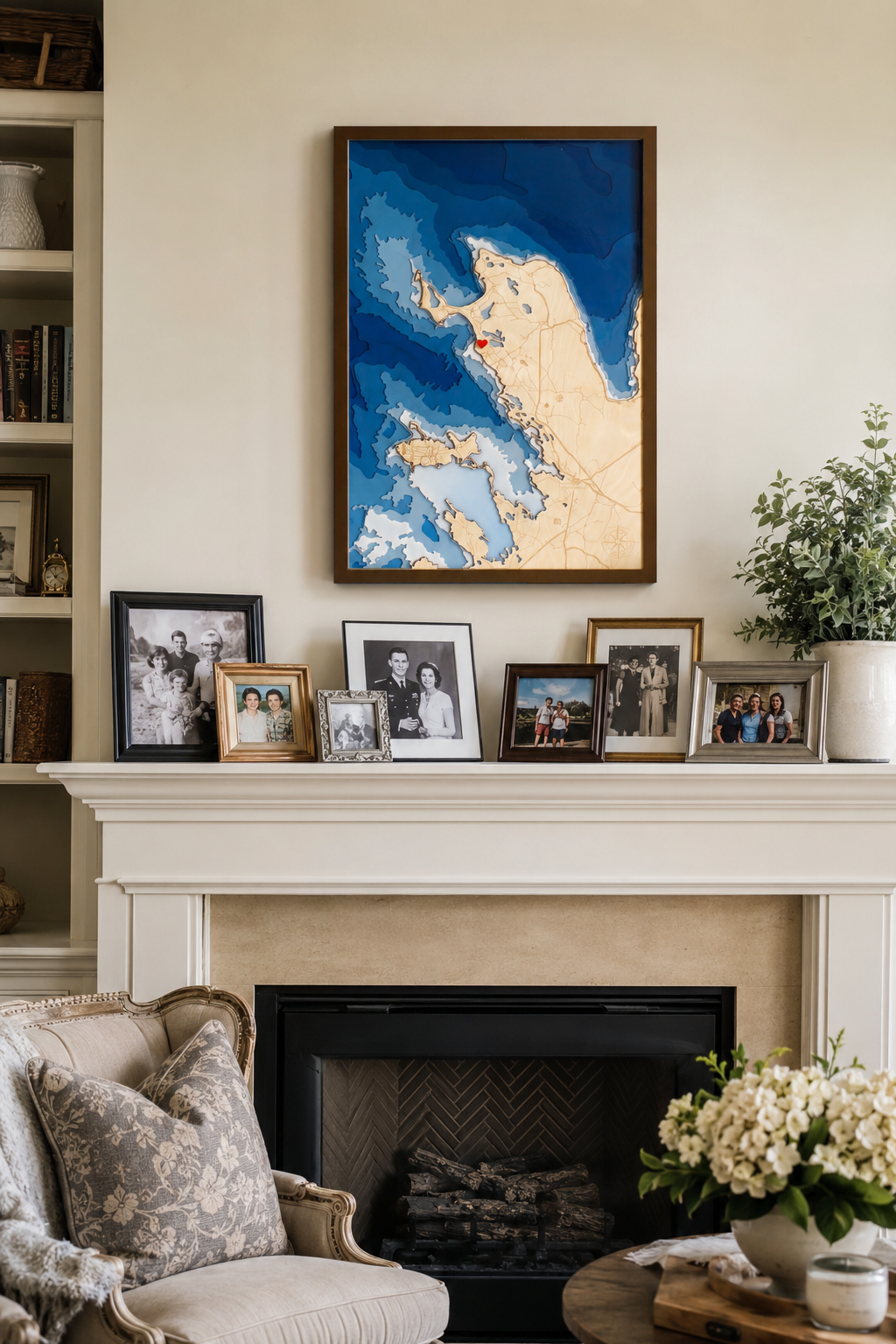 Custom coastline relief map in birch plywood, dark brown edge finish, hung above a fireplace