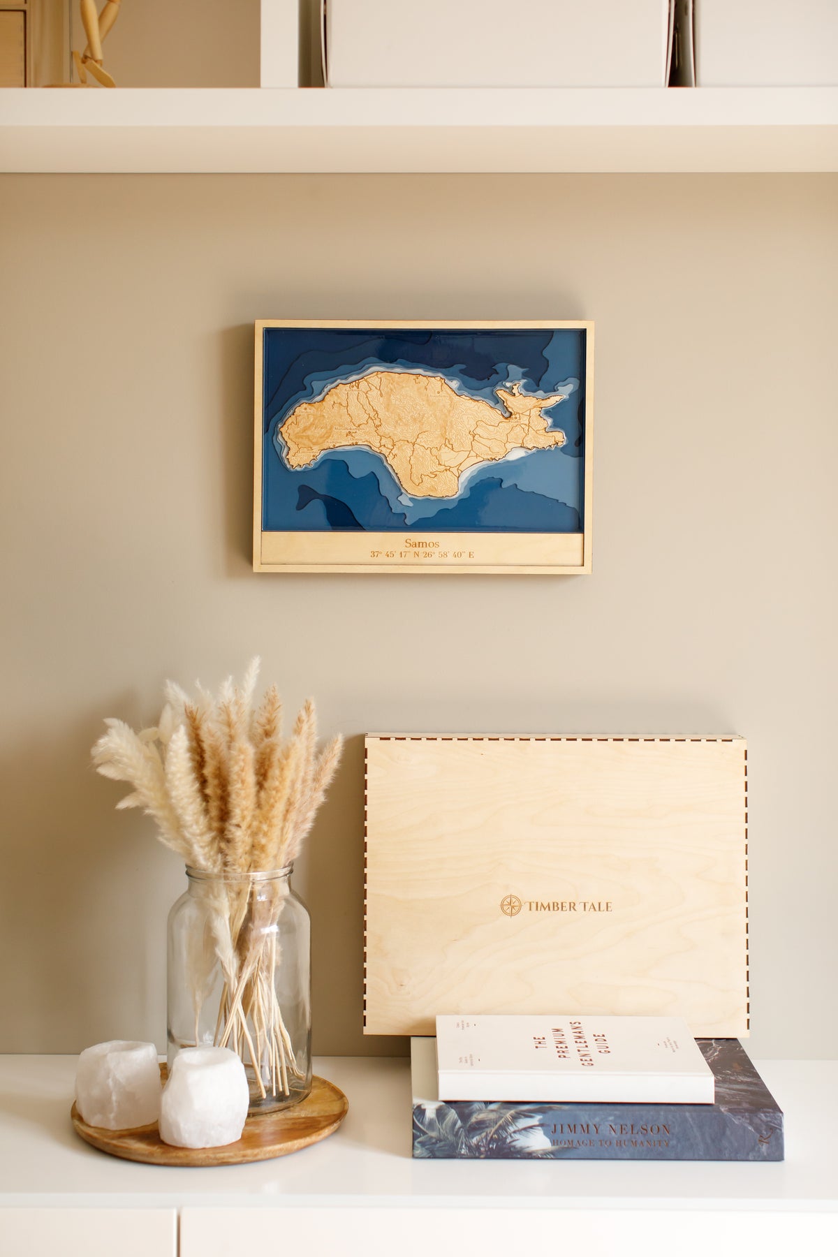 Custom topographic map hanging in a bedroom.